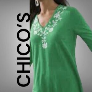 CHICO’S 100% Linen Emerald Green 3/4 Sleeve Embroidered Sequined Top US Sz L